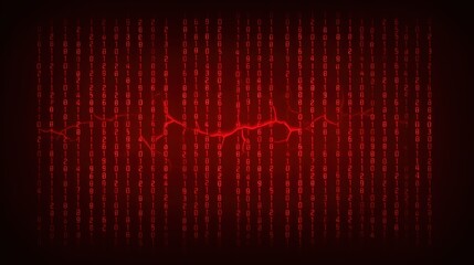 Abstract digital background featuring streams of binary code in vibrant red hues, representing data transmission and cyber technology concepts in a modern setting