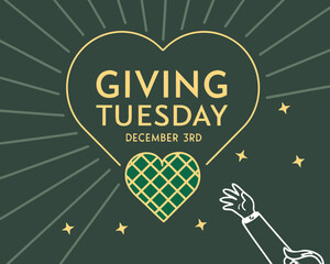 Giving Tuesday Graphic with Heart Hand and Stars on Dark Green Background for December 3rd