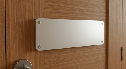 Elegant blank metal sign on wood door offers space for your custom message or branding, perfect for office spaces or informational signage needs