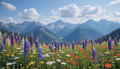 Oil painting of vibrant alpine wildflower meadow with lupine, poppies, and daisies against blue mountains