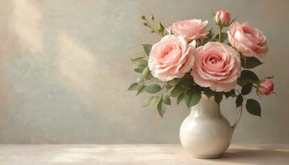 Obraz premium Soft pink roses arranged in a white vase on a table against a textured pastel wall. Delicate floral arrangement evokes classic romance and elegant home decor. Gentle light falls on petals.