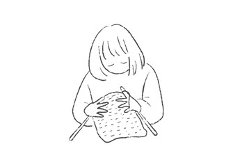 手芸で毛糸を編む人物の手描きイラスト
