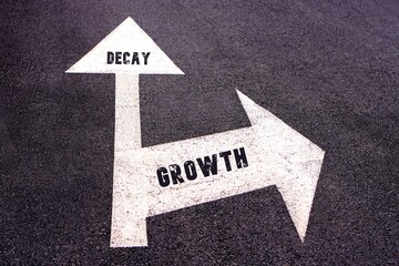 decay and growth concepts. words written on arrows indicating different directions or options