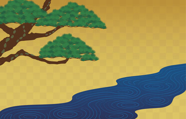 日本画風の背景。老松と小川のイラスト。