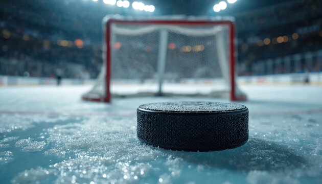 Black hockey puck rests on cold ice in sports arena. Blurred red goal net, bright stadium lights illuminate frozen surface. Winter game competition equipment awaits action. Ice rink view with