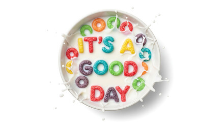 Colorful Cereal Spelling "It's a Good Day" in Milk Bowl isolated on white background
