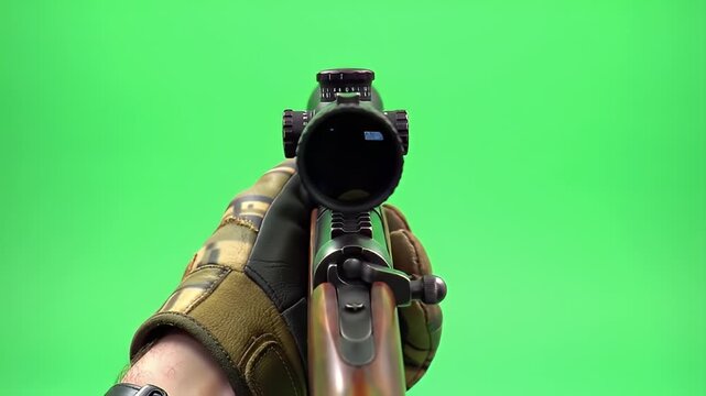 First-person view of a hand in a tactical glove holding a rifle with a scope, aiming against a green screen background.