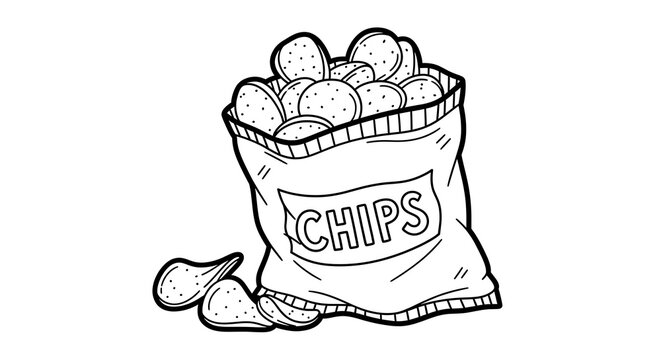 Black and White Illustration of Bag of Chips with Potato Chips Outside