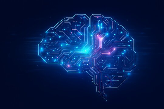Abstract digital brain made of glowing data lines, futuristic AI concept background, 3D render, dark blue and neon highlights