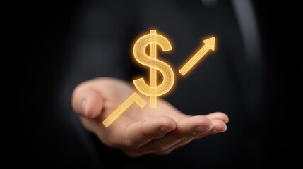 Golden Dollar Symbol with Rising Arrow Representing Financial Growth and Prosperity in Business Hand Gesture on Dark Background