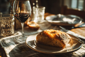 a plate of bread and a glass of wine