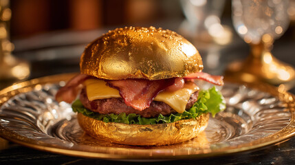 Luxury gold-plated burger, glossy gold finish and gourmet meat layers, luxury theme