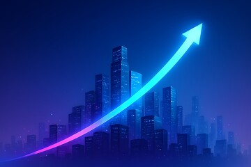 3D render of financial growth concept, glowing arrow rising over city skyline, futuristic business success theme.