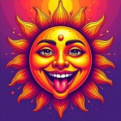 Sun face with joyful expression and colorful rays in vibrant design celebrating warmth and happiness