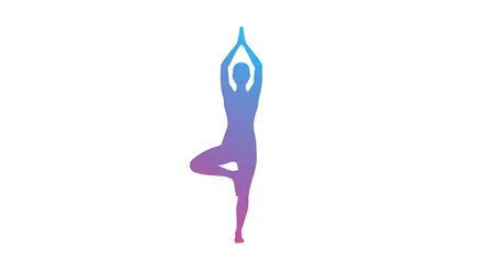 Gradient silhouette of person in tree pose with hands raised on a white plain studio background