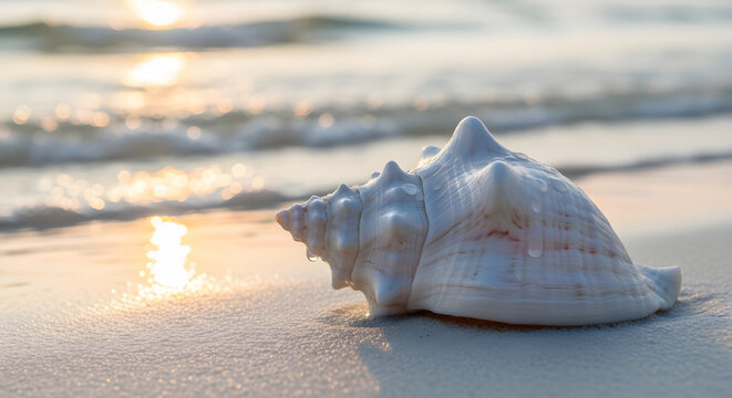 A conch shell resting on the beach with the ocean waves and sunset in the background view
