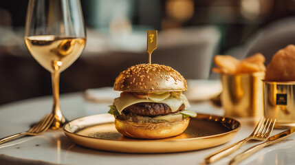 Luxury gold-plated burger, glossy gold finish and gourmet meat layers, luxury theme