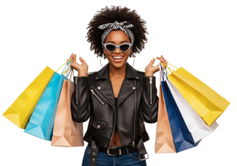 Joyful Young Woman Ecstatic With Shopping Bags Isolated on Transparent Background