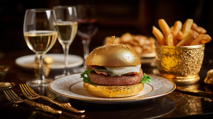 Luxury gold-plated burger, glossy gold finish and gourmet meat layers, luxury theme