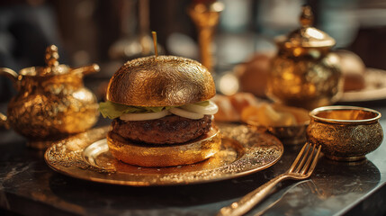 Luxury gold-plated burger, glossy gold finish and gourmet meat layers, luxury theme