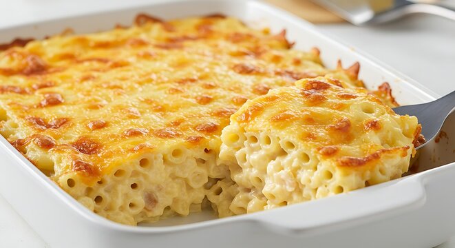 Bahamian baked macaroni isolated in a white rectangular dish, bubbling golden cheese, slice showing creamy interior
