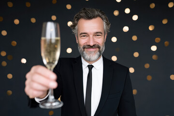 Boss Celebration Business Concept, leader enjoys business celebration at office raising glass like boss. He is so happy