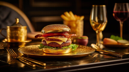 Luxury gold-plated burger, glossy gold finish and gourmet meat layers, luxury theme