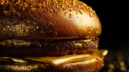 Luxury gold-plated burger, glossy gold finish and gourmet meat layers, luxury theme