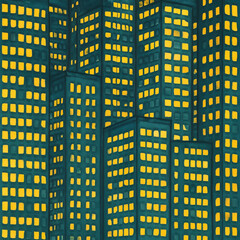 tall city skyscrapers with glowing yellow windows at night symbolizing urban life modern architecture and downtown skyline background