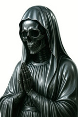 hooded skeleton figure with clasped hands gothic death personification artwork symbolizing mortality and darkness in detailed 3d style