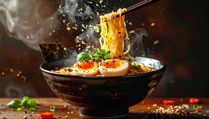 Fototapeta premium Flying ramen bowl with noodles, egg, and toppings in the air, soup splash and condiment
