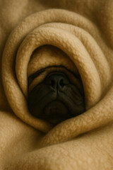 pug wrapped snugly in soft beige blanket cozy sleepy dog portrait symbol of warmth and comfort