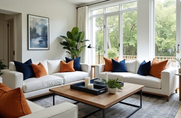 Fototapeta premium Modern living room with white sofas, wood coffee table, large windows, and green plants. Blue and orange accent pillows add color to the stylish, comfortable space. Natural light fills the room.