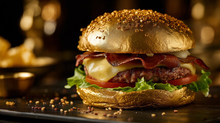 Luxury gold-plated burger, glossy gold finish and gourmet meat layers, luxury theme
