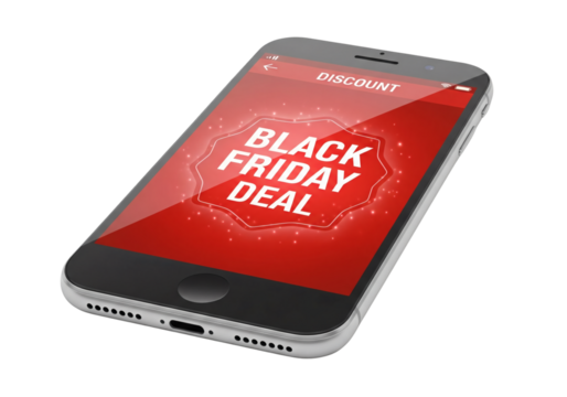 Smartphone displaying Black Friday deal advertisement isolated on transparent background for online shopping promotions