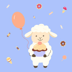 Obraz premium Adorable festive vector clipart with a lamb holding a cupcake, balloon and sweets. Perfect for kids design, holiday cards, party decor and print.