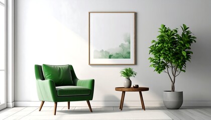 Interior with a green chair, table, and potted plant