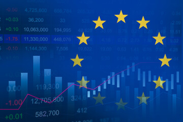 EU flag on stock investment trading with coin and graph.
