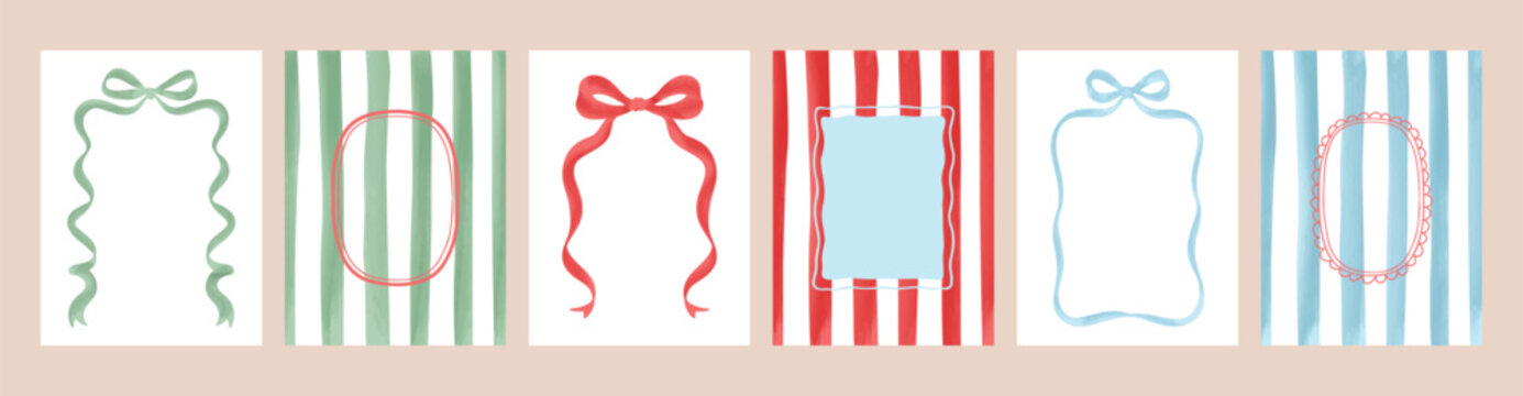 Merry Christmas greeting card Set. Beautiful Xmas art design in trendy retro hand drawn doodle style with bow and ribbon frames and stripes. Xmas art banner, poster, cover templates.