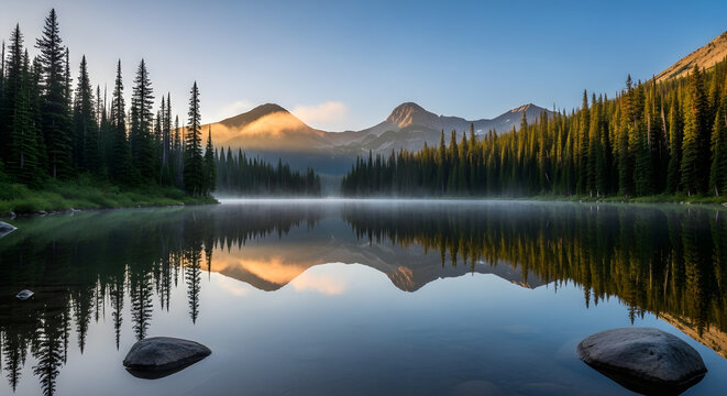 A reflective lake surrounded by evergreen trees and mountains under a clear blue sky day