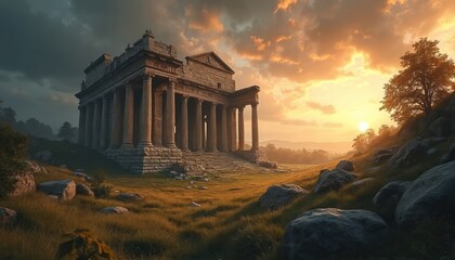 Obraz premium Ancient temple ruins stand in field under dramatic sky. Majestic classical architecture with columns reflects sunlight. Historical building is situated on a hill with grass stones and trees.