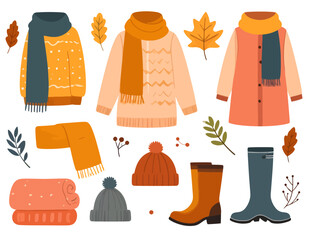 Cozy Autumn Clothing Vector Illustration.Flat vector design of autumn clothing essentials: scarf, sweater, boots, and hat. Perfect for seasonal fashion concepts.