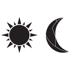 Stylized Black Sun and Geometric Crescent Moon Icons on White