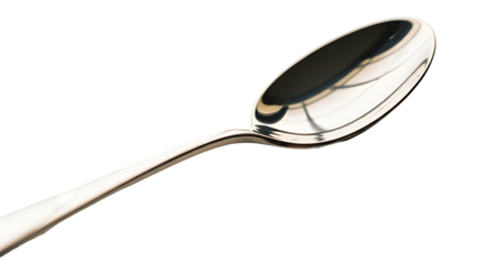 Shiny silver spoon against transparent background culinary object and reflective surface