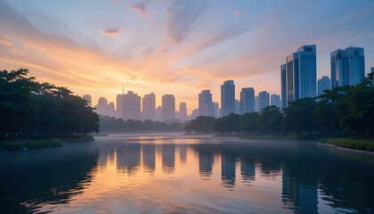 Fototapeta premium Urban oasis lake reflecting sunset hues surrounded by greenery and distant sleek towers
