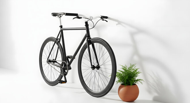 A black single speed bicycle leaning against a white wall with a potted plant nearby it