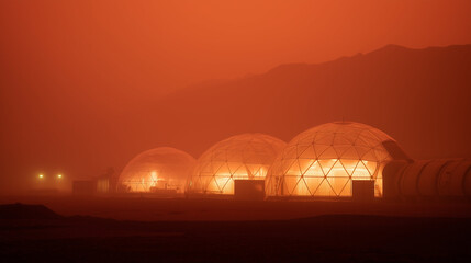 Mars colony dome sunset, panoramic view with layered domes casting long shadows on rust-colored sand