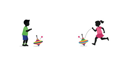 Children playing with colorful spinning tops and jumping rope outdoors