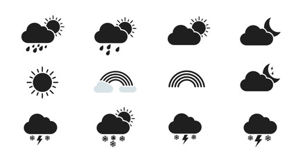 Variety of black weather icons depicting sun clouds rain and moon