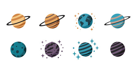 Colorful stylized planets with rings and starry elements arranged in a grid
